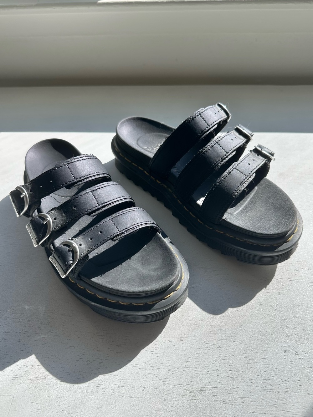 Dr. Martens blaire black leather silver buckle 3 strap slide sandals women’s 7